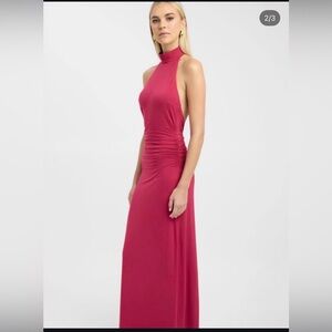 Kookai Berry Pink Backless High-Neck Ruched Maxi Dress-NWT